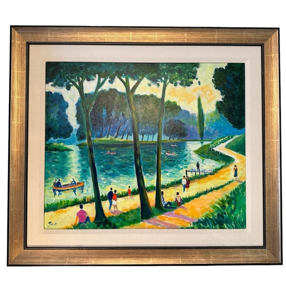 - Jean Claude Picot Signed gallery canvas Oil painting Canotage Sur Le La… - Picture 1 of 6